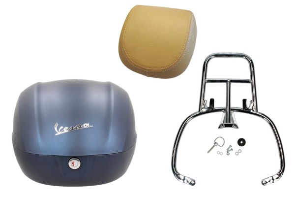 Topcase Kit 32L blau matt (282/A), Rückenpolster beige für Vespa Primavera